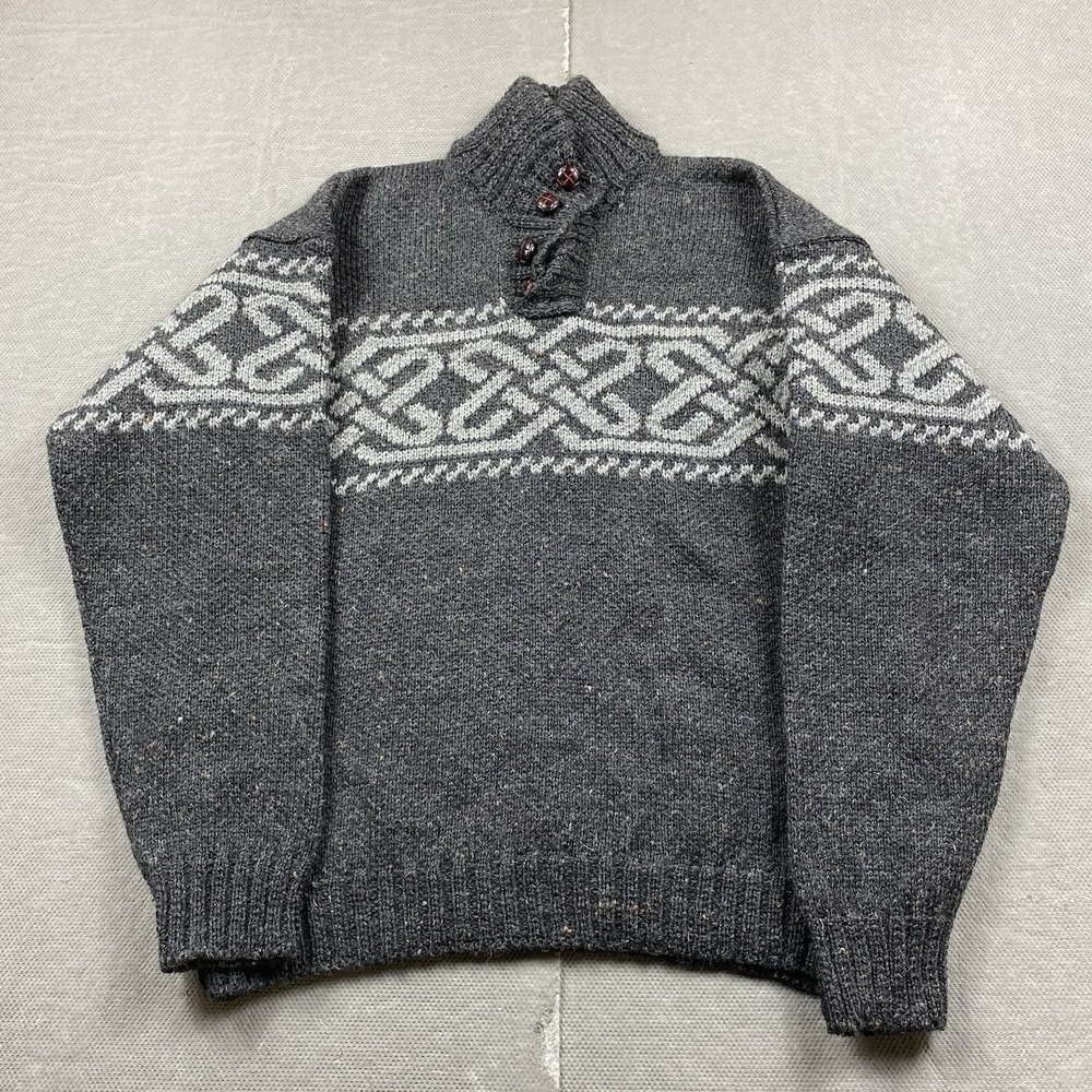 Carraig Donn Sweater Mens Medium Gray Wool Henley Pullover Fisherman Ireland